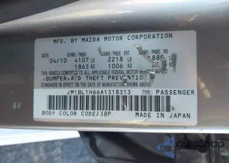 2010 Mazda Mazda3 S Sport z USA, uszkodzony, nr VIN JM1BL1H66A1318313